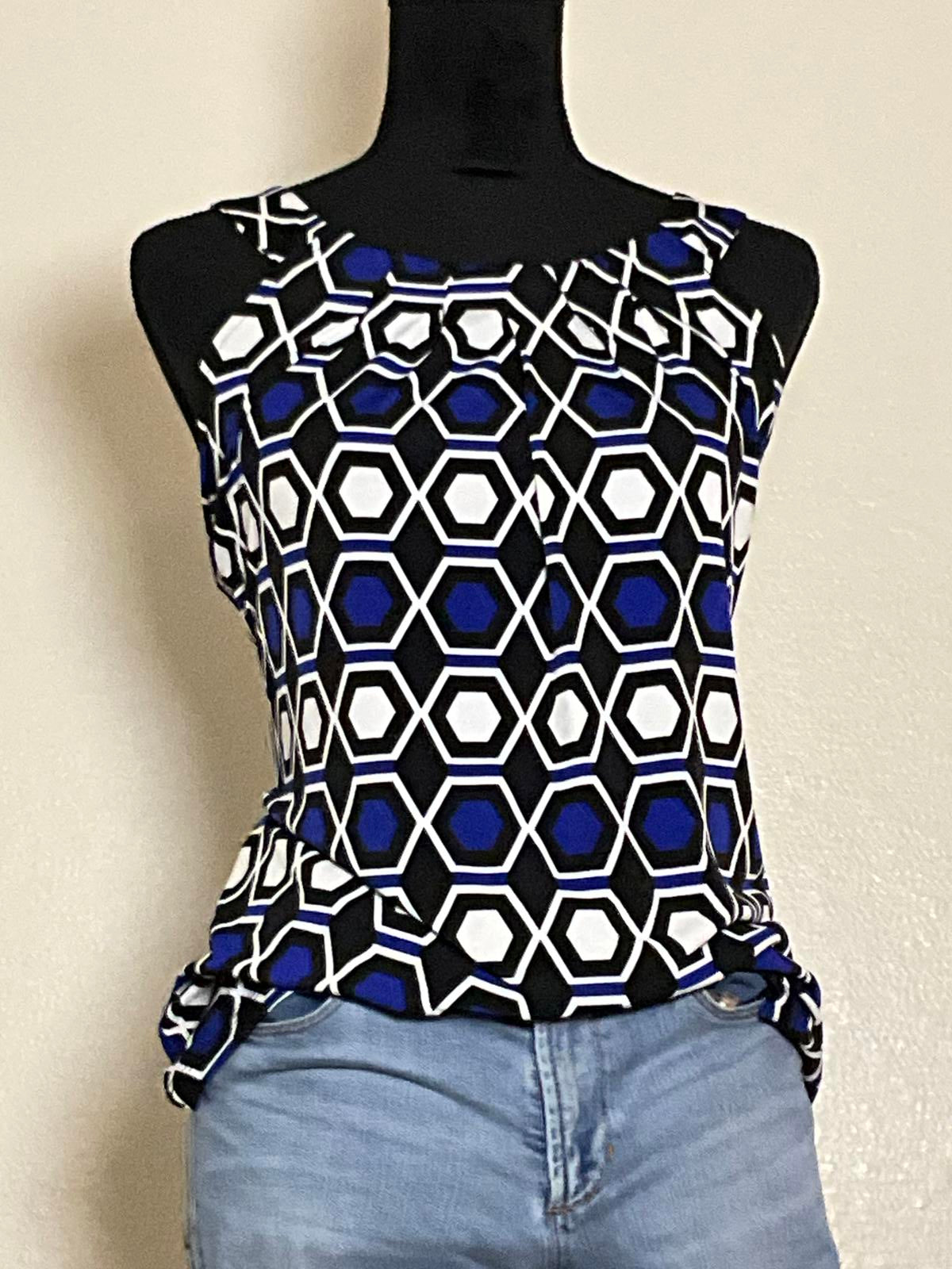 By Design Royal Blue Black White Geometric Sleeveless Blouse