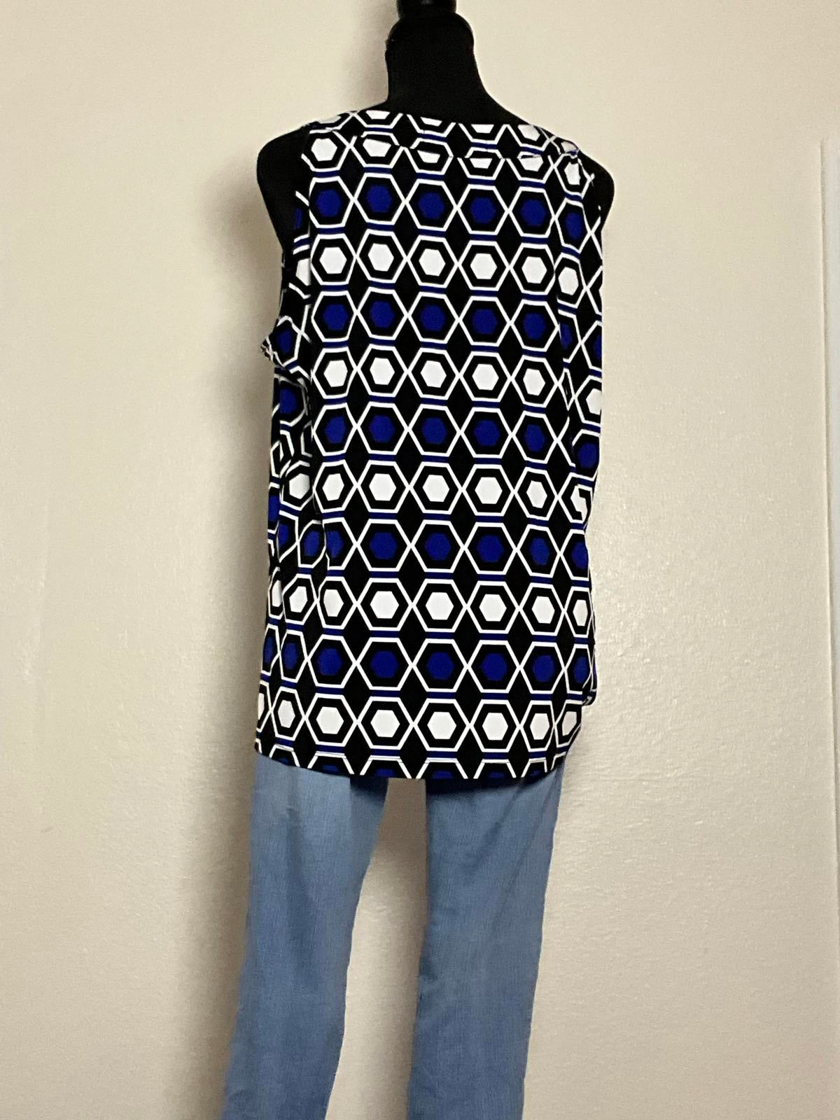 By Design Royal Blue Black White Geometric Sleeveless Blouse