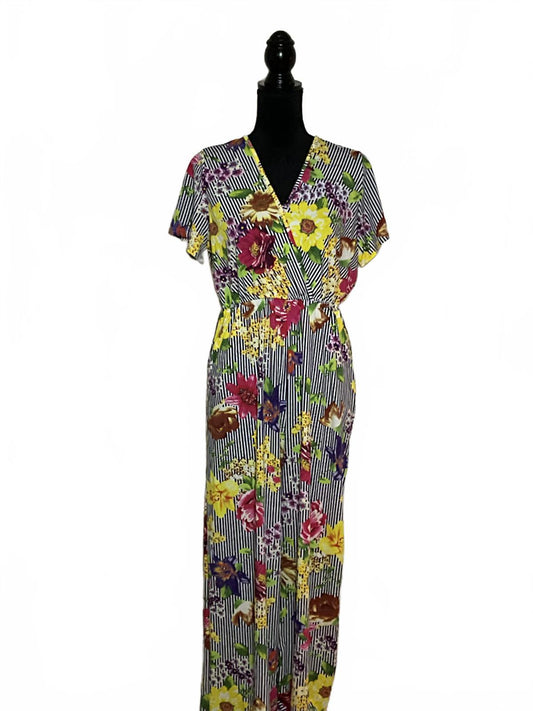 Me 2 Magic Jumpsuit Large Floral Stripe Mixed Print Wide Leg Sleeveless Boho