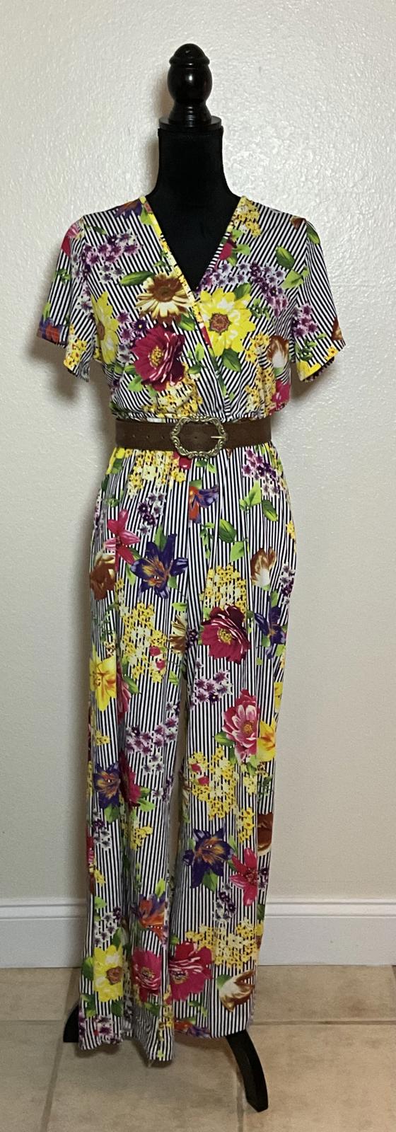 Me 2 Magic Jumpsuit Large Floral Stripe Mixed Print Wide Leg Sleeveless Boho