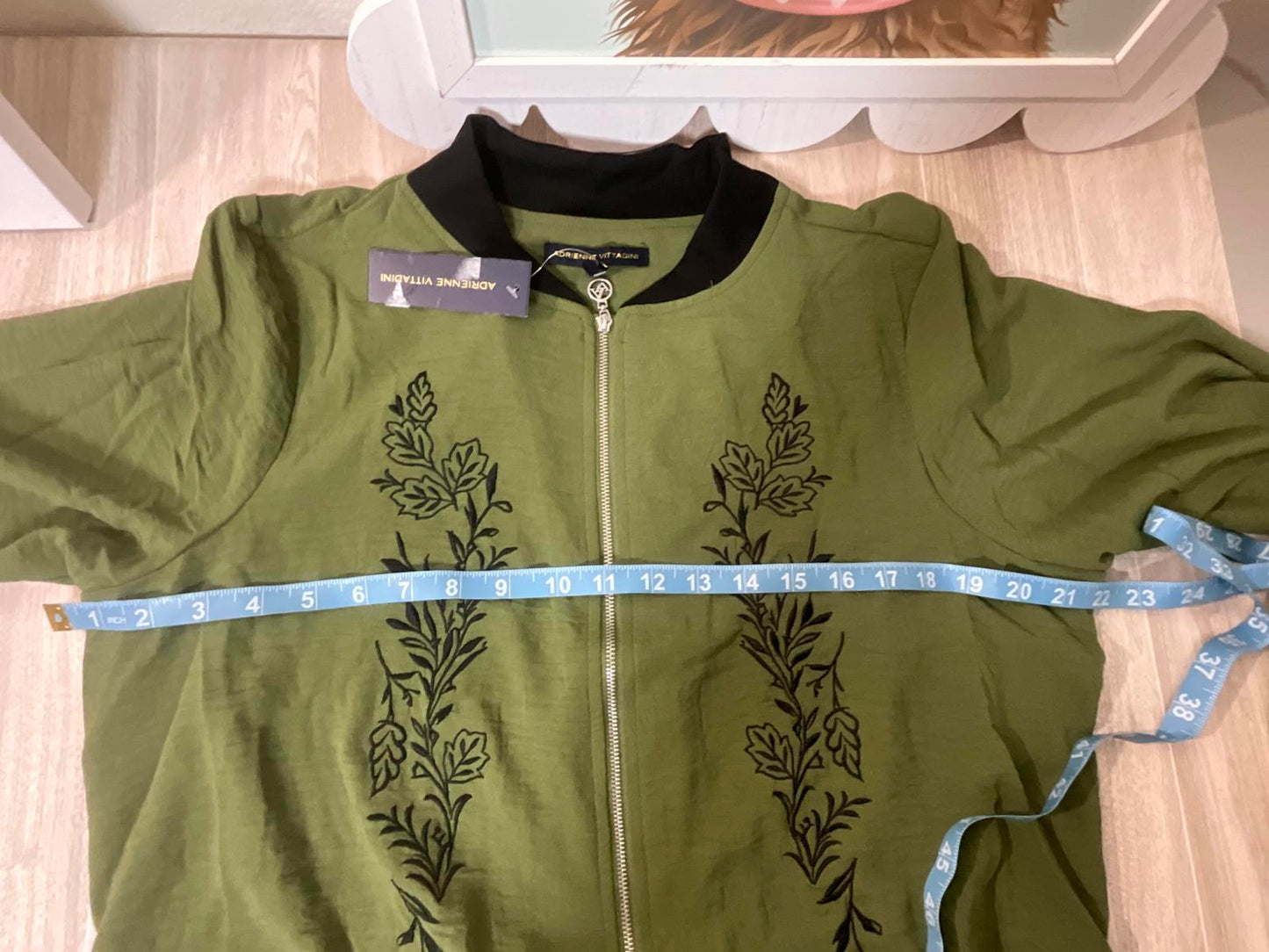 Adrienne Vittadini Olive Green Embroidered Full Zip Bomber Jacket Large L