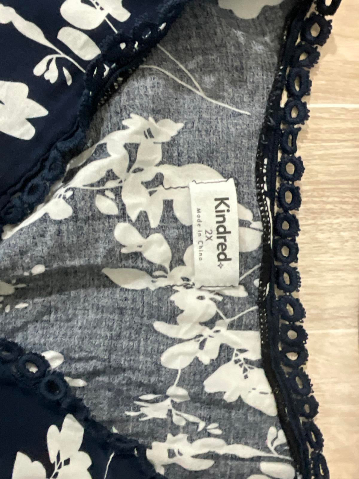 Kindred Dress 2X Plus Size Navy White Floral Midi Faux Wrap V-Neck Border Print