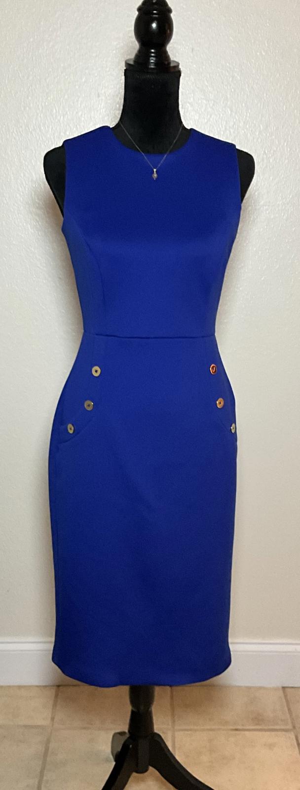 Calvin Klein Royal Blue Sheath Dress With Gold Button Accent Career Luxe