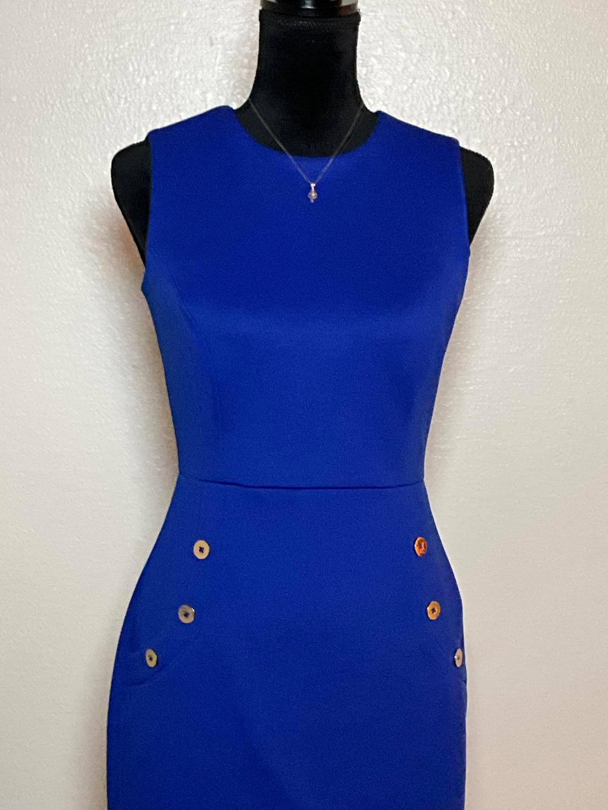 Calvin Klein Royal Blue Sheath Dress With Gold Button Accent Career Luxe
