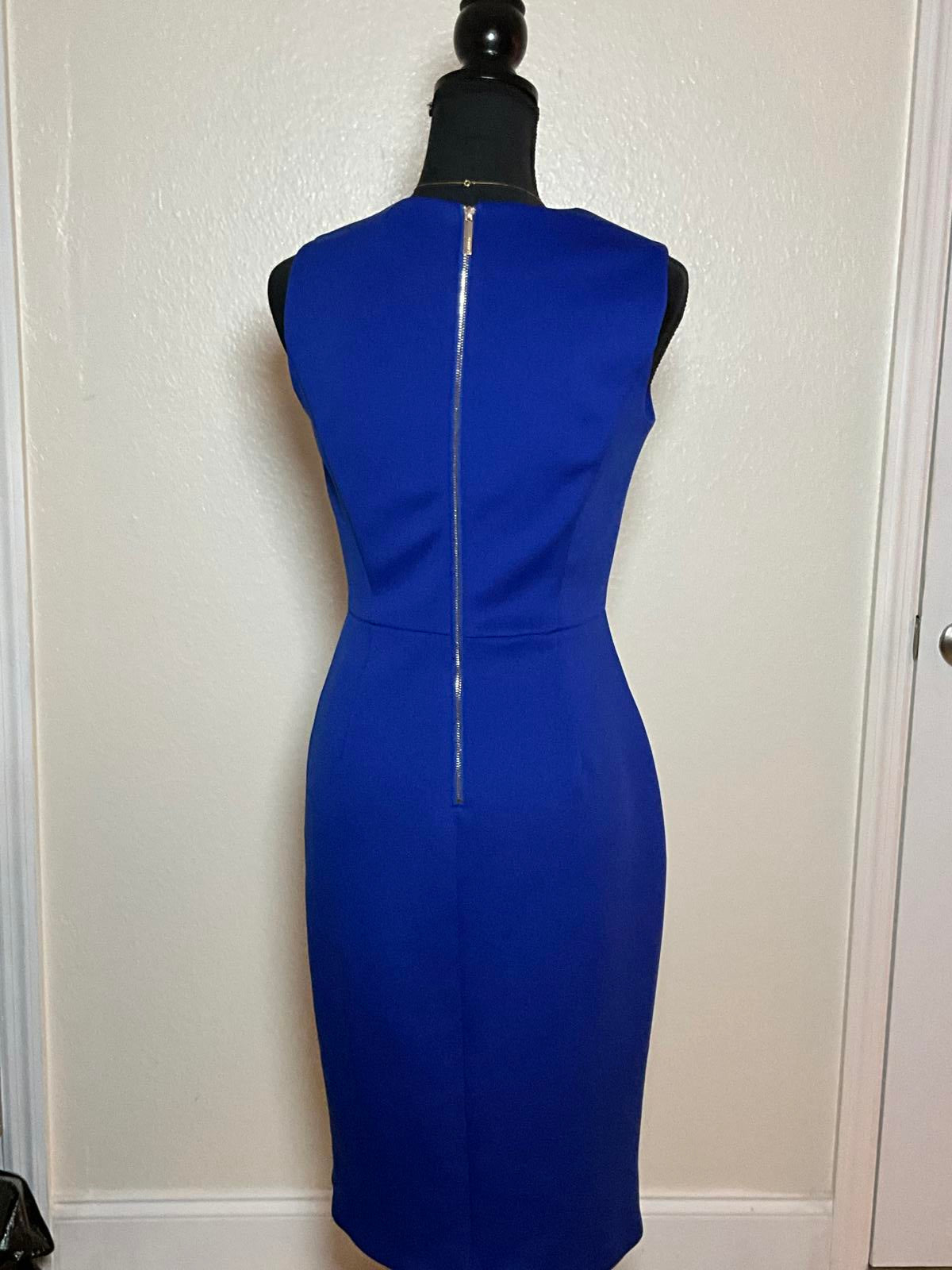 Calvin Klein Royal Blue Sheath Dress With Gold Button Accent Career Luxe