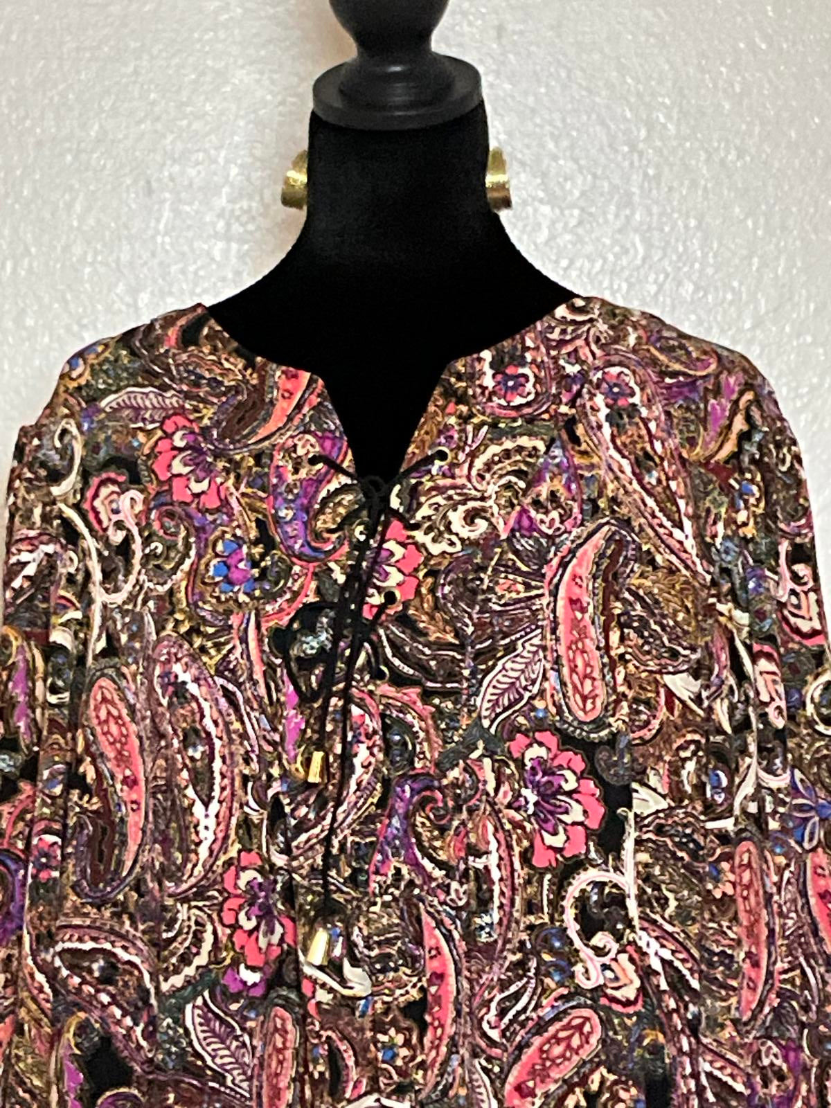Emma & Michele Plus Size 2X Paisley Lace Up Boho Shift Dress Pink Purple