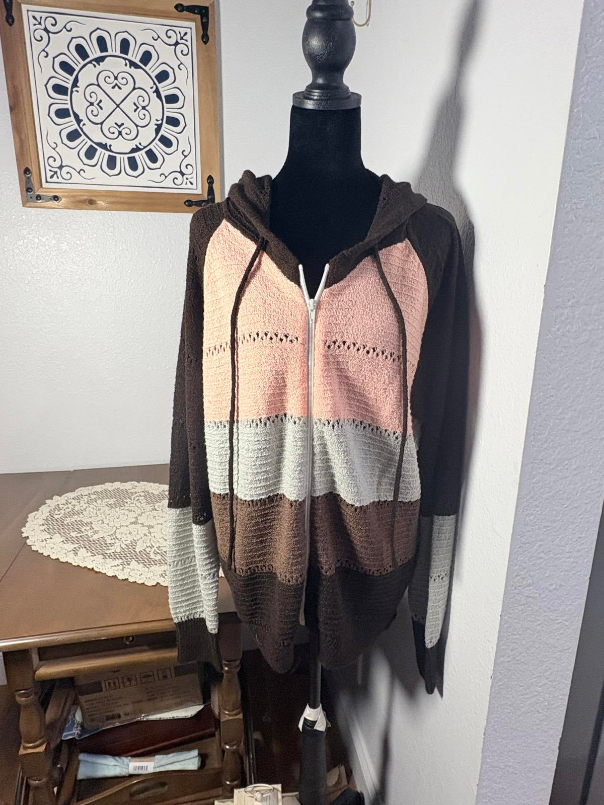 Bright and Colorful Striped Knit Hoodie Sweater with Zipper Women’s Size XL