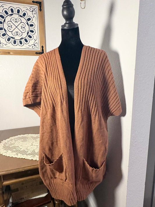 Brown Ribbed Knit Open Front Cardigan with Pockets