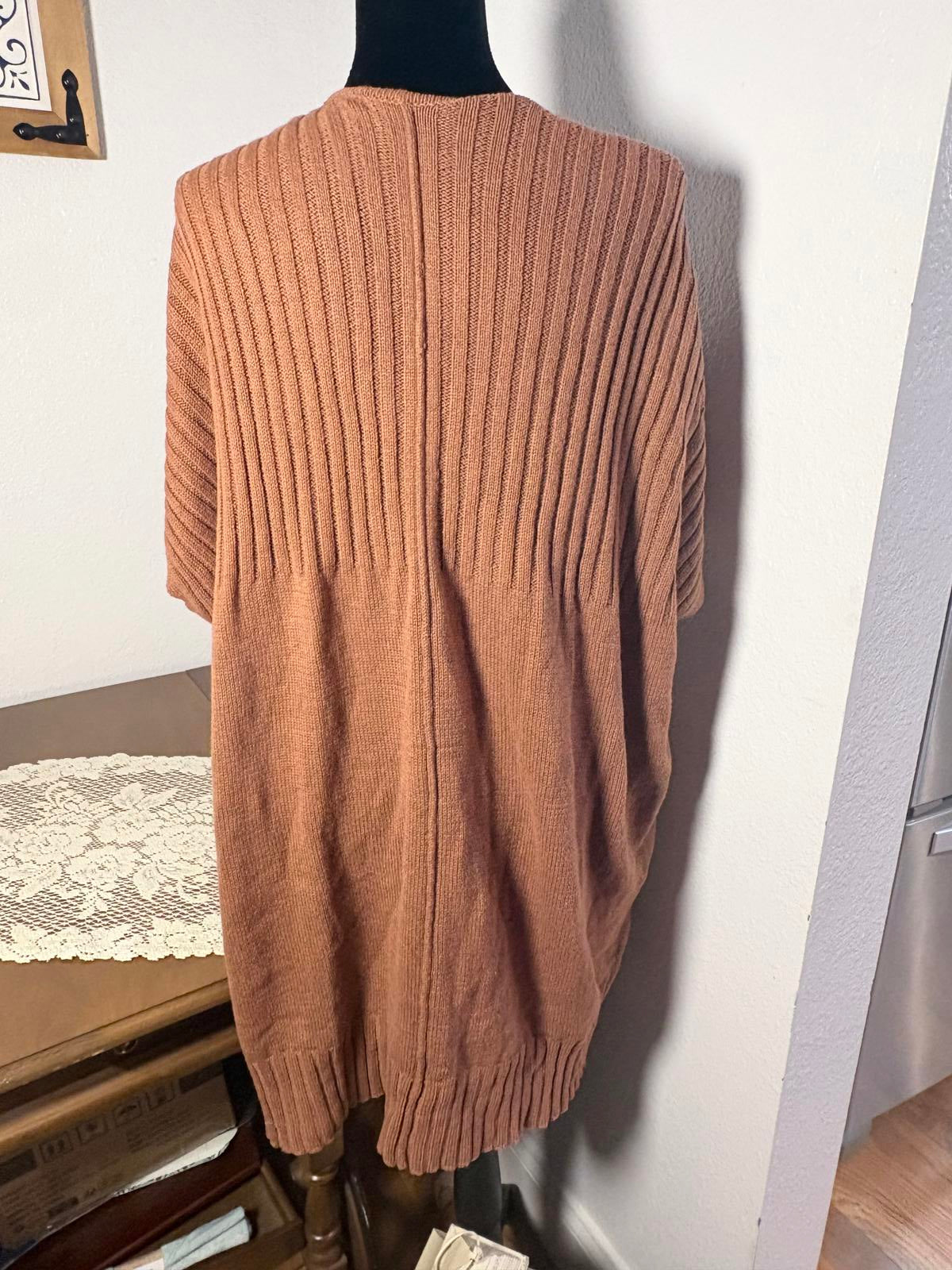 Brown Ribbed Knit Open Front Cardigan with Pockets