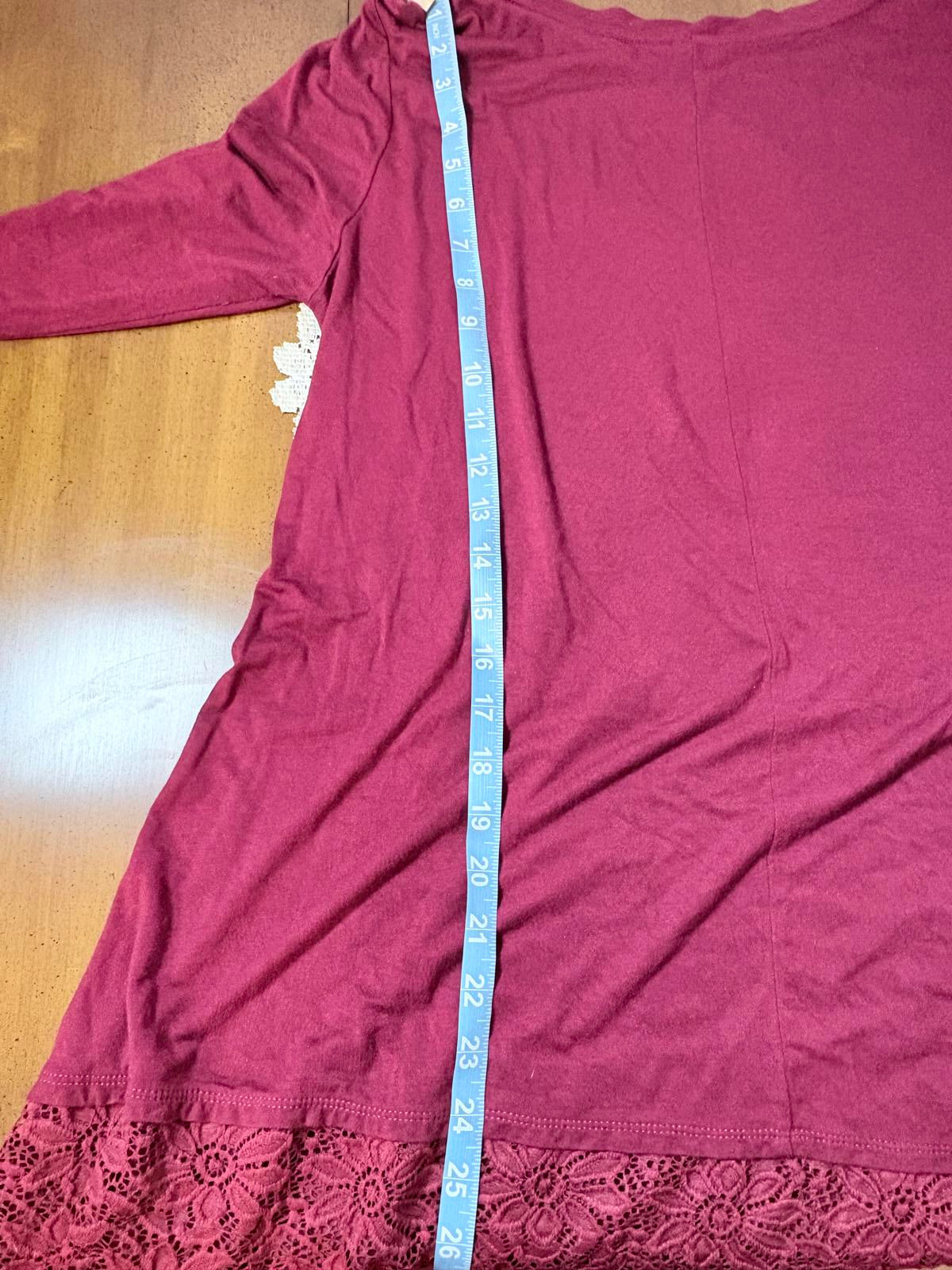 Zenana Premium XL Women's Long Sleeve Red Tunic Top with Lace Hem