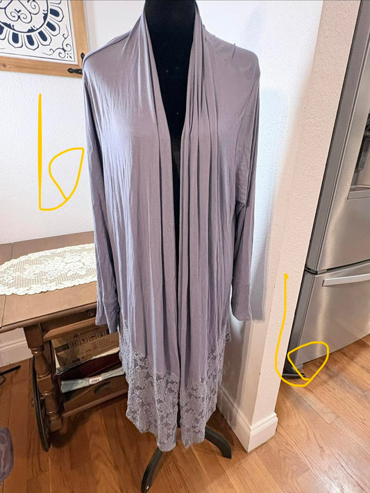 French Laundry Vintage Gray Open Front Long Sleeve Cardigan With Lace Hem XL