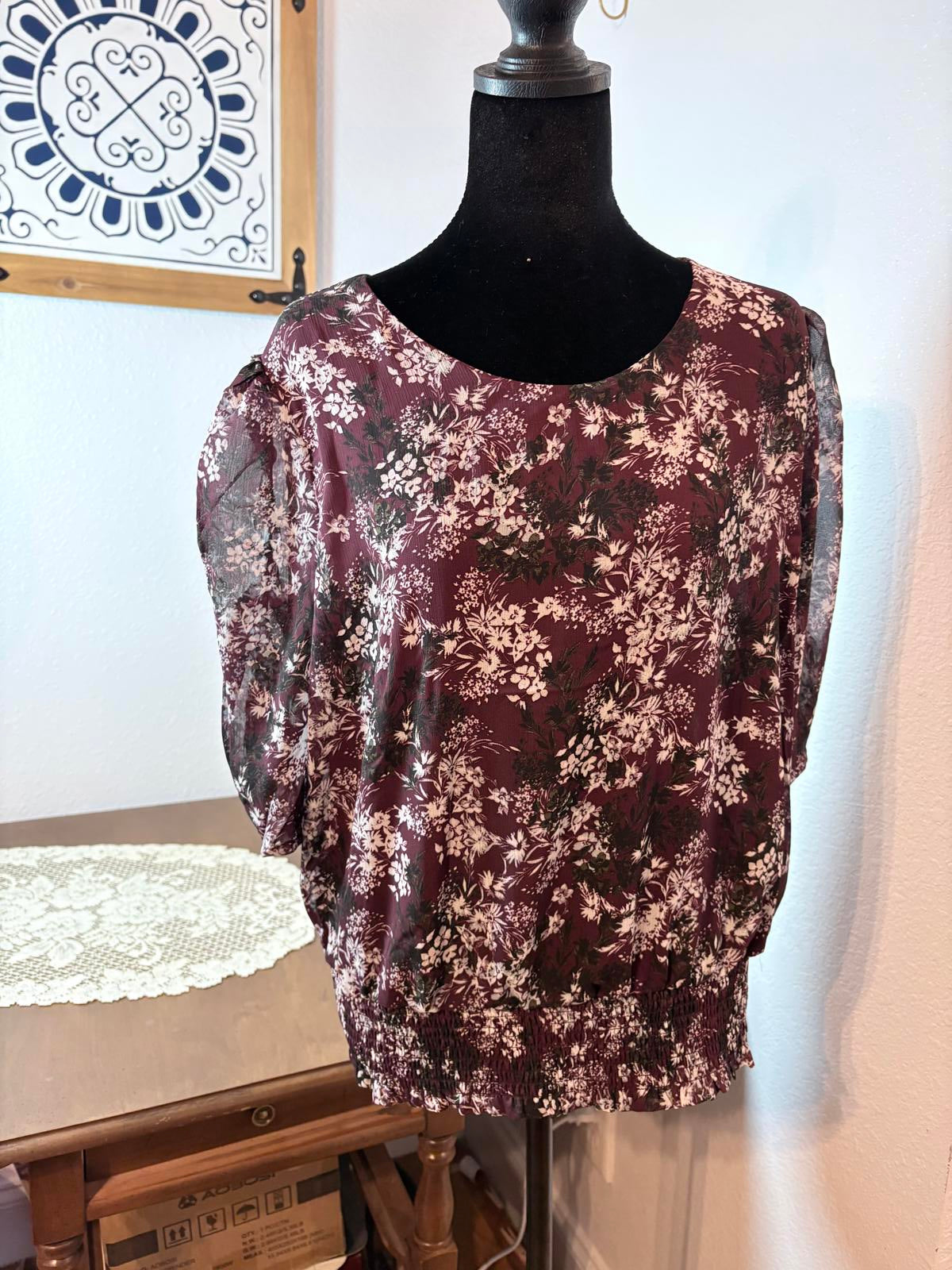Soft Romantic Women's Sheer Sleeve Feminine Boho Floral Blouse in Burgundy