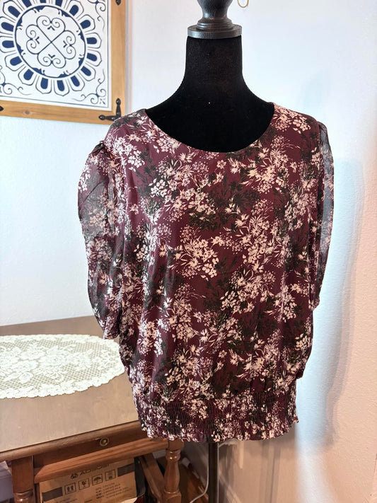 Soft Romantic Women's Sheer Sleeve Feminine Boho Floral Blouse in Burgundy