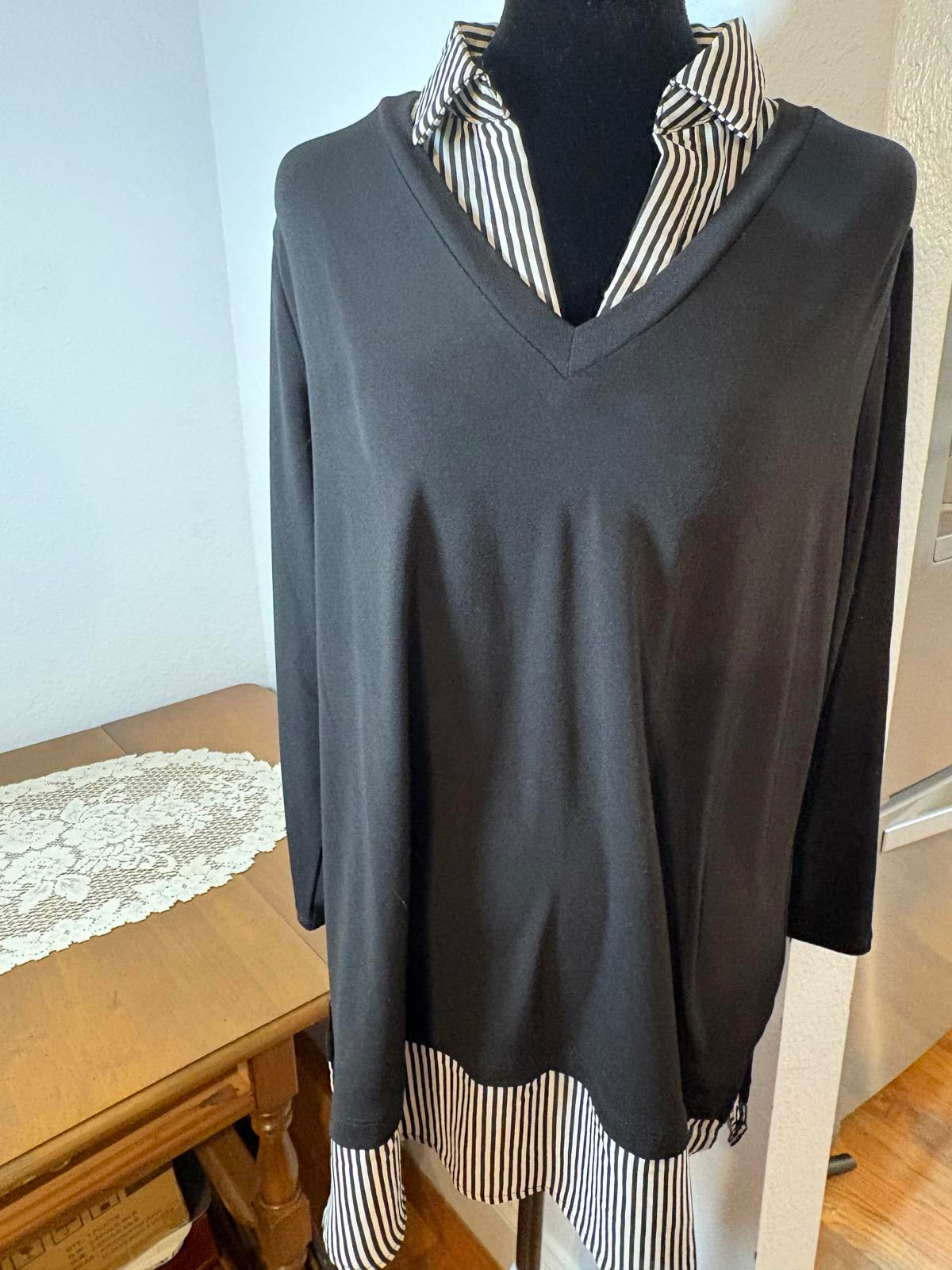Adrianna Papell Size L Black V Neck Long Sleeve Sweater With Striped Shirt Hem