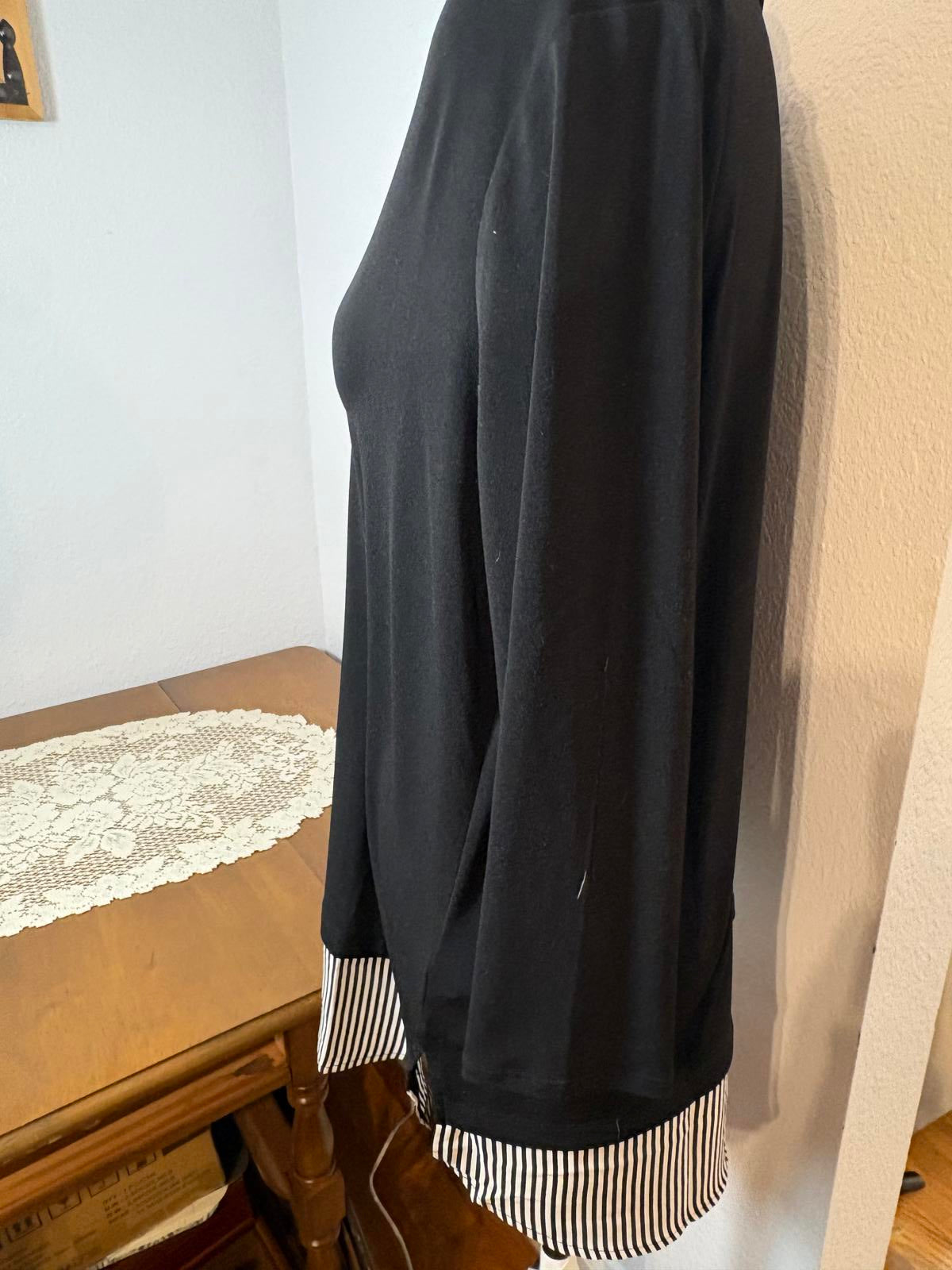 Adrianna Papell Size L Black V Neck Long Sleeve Sweater With Striped Shirt Hem