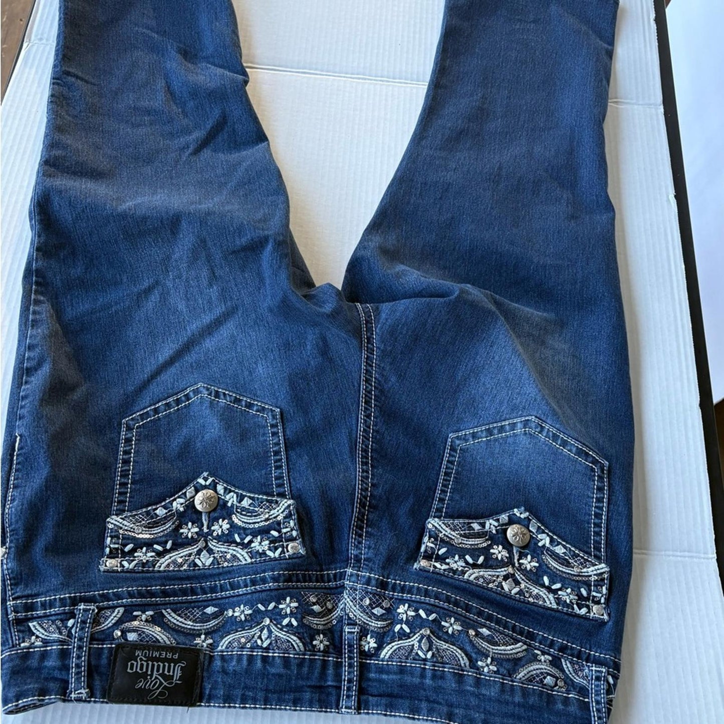 Love Indigo Blue Cropped Jeans with White Embroidery