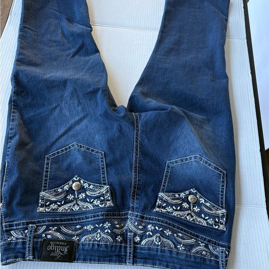 Love Indigo Blue Cropped Jeans with White Embroidery