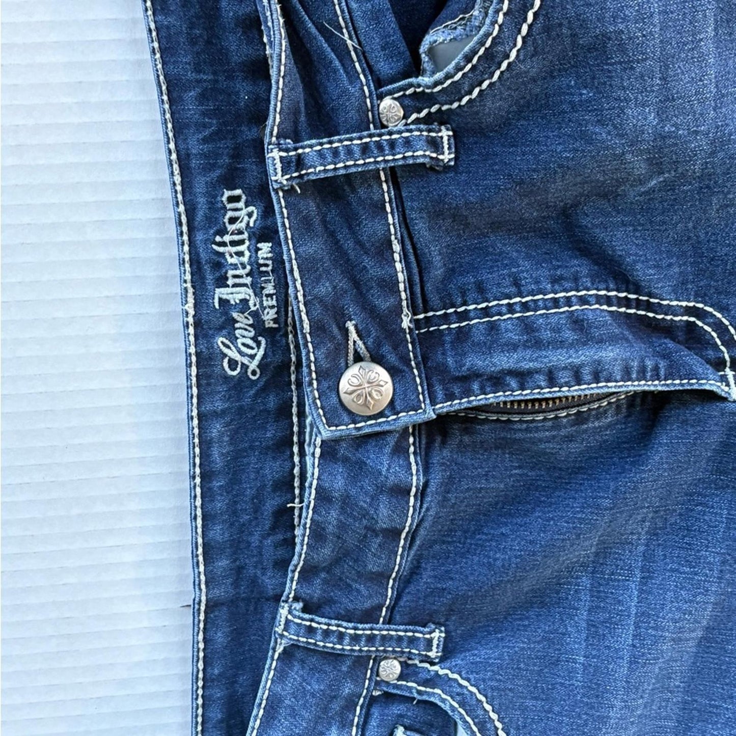 Love Indigo Blue Cropped Jeans with White Embroidery