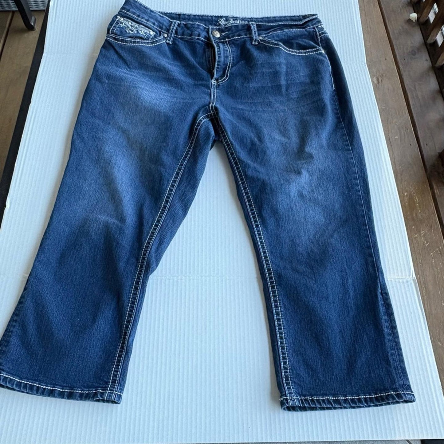 Love Indigo Blue Cropped Jeans with White Embroidery