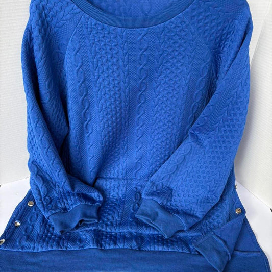 Textured knit pullover sweatshirt in a vibrant cobalt blue.