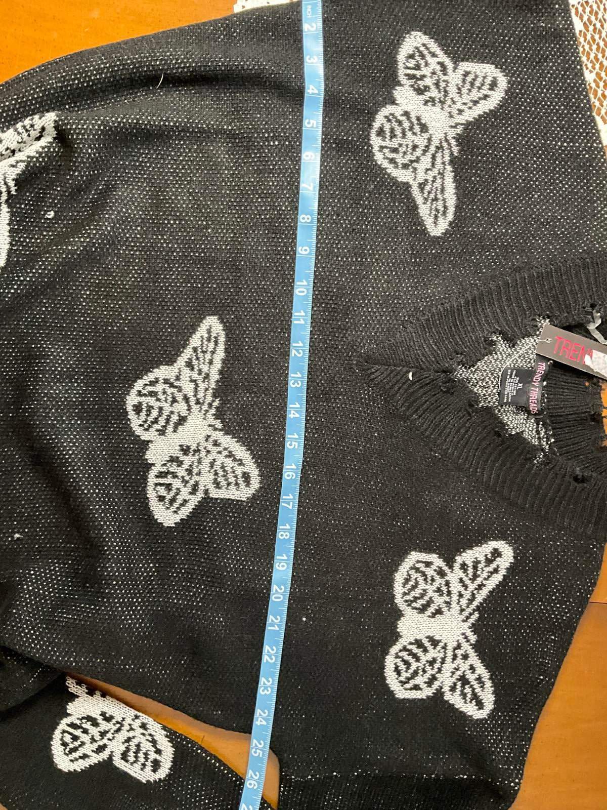 Trendy Three XL Black Knit Sweater with White Butterfly Pattern