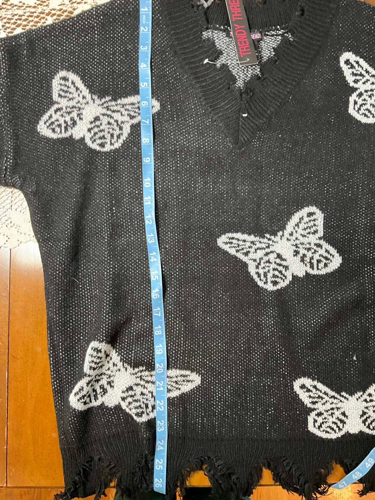 Trendy Three XL Black Knit Sweater with White Butterfly Pattern
